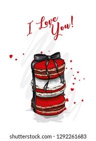 Macarons with heart-shaped balloons. Dessert. Vector illustration for greeting card or poster. Love, friendship, Valentine's Day.