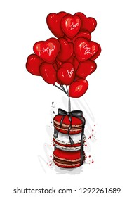 Macarons with heart-shaped balloons. Dessert. Vector illustration for greeting card or poster. Love, friendship, Valentine's Day.