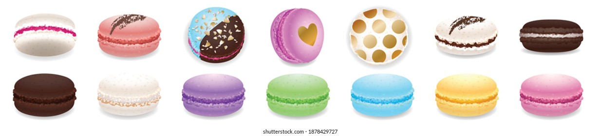 Los iconos de los macarones están configurados. Juego de dibujos animados de macarones iconos vectoriales para el diseño web