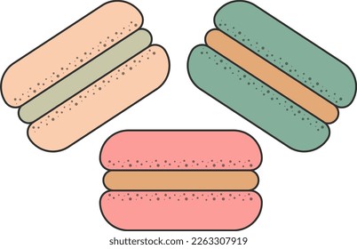 macarons, illustrated French and Italian cookies, of different tastes and colors.