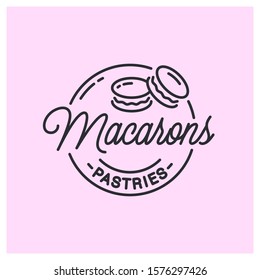 Macarons logo. Round linear logo of macarons pastries store on pink background