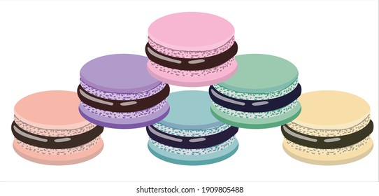 Macarons, multicolored macaroons composed of a pyramid. Vector stock illustration.
