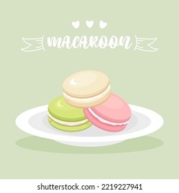 Macarones en un plato. Postre francés. Tonos pastel de diseño. Gráficos vectoriales en estilo de dibujos animados planos