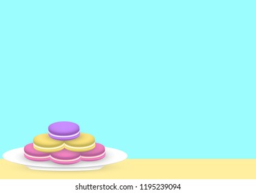 Macarons on white plate, turquoise color in the background.