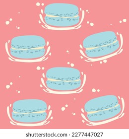 Macarons, pastel blue, pattern composition. There is milk foam as an ingredient to make the picture look more interesting. Various elements can be used to create other items.