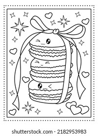 Macarons with a ribbon and a bow. Kawaii coloring book. Sweets. Coloring book. Black and white illustration.