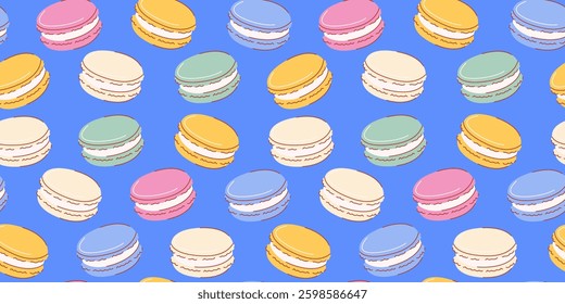 Macarons seamless pattern. Hand drawn colorful vector flat illustration, macaroons with different flavors and colors. Isolated blue background. For wrapping paper, print, cover, package, wallpaper