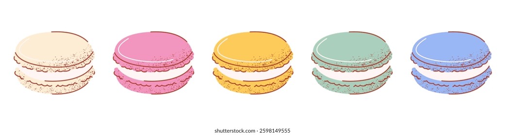 Macarons set with different flavors and colors. Hand drawn vector flat illustration with popular french sweet dessert, pastry. Isolated background. Macaroons with texture for sticker, print, poster
