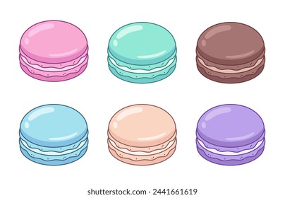 Macarons, set of vector cartoon drawings, illustrations. Hand drawn dessert of various colors