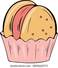 Macarons sit in a basket against a pink background. The front-facing, flat composition makes for a delicious and sweet dessert.