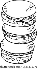 Macarons stack. French biscuit sketch. Hand drawn cookie
