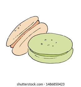 Macarons sweet dessert on white background. Ready illustrations for greeting cards, posters, stickers, Souvenirs, notebooks, calendars and design.Hand-drawn. Cartoon style. Vector