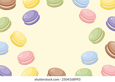 Macarons fondo amarillo, diseño de la cocina, cartel, Anuncio, Ilustración vectorial. 