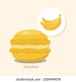 Macaroon with Banana taste, flavor and filling. Green macaroon with title. Tasty cake for your menu or poster. Template for your design. Vector illustration art