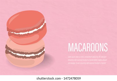 macaroon banner cute color pink paper background style with white text and wording.special for bakery product sweet lover use for website french tradition snack popular space for texting.