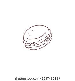 Ícone de contorno preto de macarrão. Deliciosa sobremesa francesa e arte doce linha. Confeitaria biscoito comida. Padaria de biscoito de amêndoa saborosa com creme. Ilustração de contorno de vetor isolada no plano de fundo branco