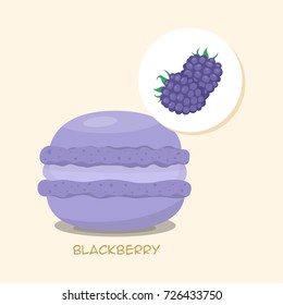 Macaroon with Blackberry taste, flavor and filling. Red macaroon with title. Tasty cake for your menu or poster. Template for your design. Vector illustration art