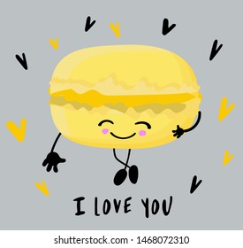 macaroon cake with eyes and a smile on a gray background.