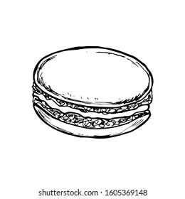 Macaroon cake. Illustrations for coffee houses or cafes. Hand drawn vector illustration. Monochrome black and white ink sketch. Isolated on white background. Coloring page.