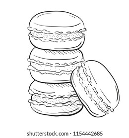 macaroon cakes, vector illustration isolated on white background sketch style. Snack, pile of macarons. Clipart for a restaurant or cafe menu. Line art