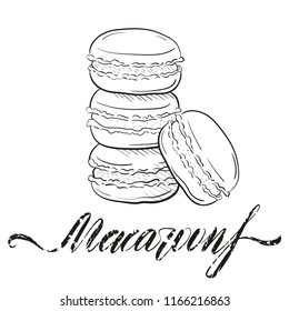 macaroon cakes, vector illustration isolated on white background sketch style. Snack, pile of macarons. Clipart for a restaurant or cafe menu. Line art