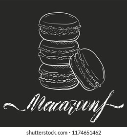macaroon cakes, vector illustration isolated on dark background sketch style. Snack, pile of macarons. Clipart for a restaurant or cafe menu. Line art