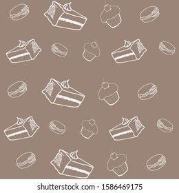 Macaroon cheesecake, cupcake and cookies on a brown background, hand-drawn, vector background for design. Monochrome banner