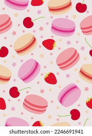 Macaroon and cherry patern with strawberry on gray background