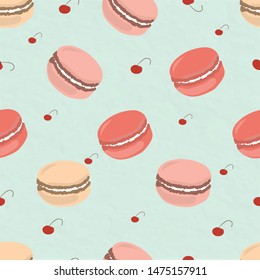 macaroon cherry seamless green paper background fabric cute sweet snack pattern lover bakery product.