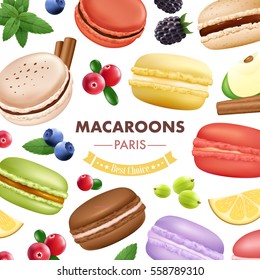 Macaroon composition with isolated almond cookies mint fruits and berries images of different colour with text vector illustration