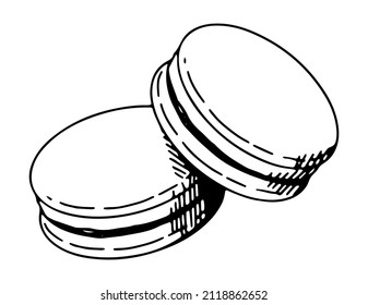 Macaroon Cookies Skizze. Einziger Nachtisch, süße Speisekarte. Handgezeichnete Vektorgrafik im Retro-Stil. Skizzierende Clipart einzeln auf weißem Hintergrund.