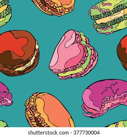 Macaroon. Dessert - Candy. Vector seamless pattern (background). Bright colored drawing.