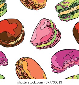 Macaroon. Dessert - Candy. Vector seamless pattern (background). Bright colored drawing.