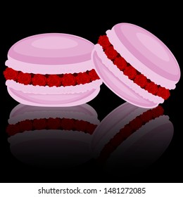 Macaroon with a filling of roses on a black background with a shadow. Vector art