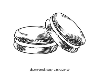 Macaroon or French dessert. Hand drawn bakery product. Celebratory Sweet Food. Vintage engraved sketch. Vector illustration for a banner or menu of a cafe and restaurant.