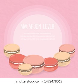 macaroon with gradient pastel pink tone banner background vector for bakery product lover and white wording greeting card paper cut.French tradition sweet snack popular.