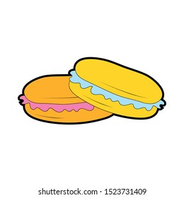 Macaroon icon. Food symbol. Emblem for cafe, bakery, candy shop. Sweet french dessert, sugar pastry biscuits with strawberry blueberry grapes flavors. Baking tasty cakes business. Confection symbol