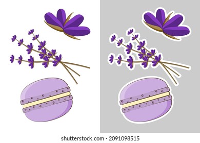 Macarón con flores de lavanda sobre fondo blanco y gris, ilustración vectorial de estilo plano
