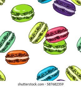 Macaroon (macaron) cookie seamless pattern on white background, vector illustration