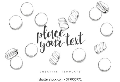 Macaroon and marshmallow in sketch. Conceptual background template for presentations. Realistic outline items. Sweet candy. Sweets on table. Presentation text. Set of objects in sketch. Coloring adult