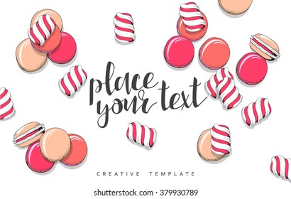 Macaroon and marshmallow in sketch. Conceptual background template for presentations. Realistic outline items. Sweet candy. Sweets on table. Presentation Text. Set of dright color objects in sketch