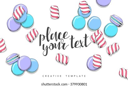 Macaroon and marshmallow in sketch. Conceptual background template for presentations. Realistic outline items. Sweet candy. Sweets on table. Presentation Text. Set of dright color objects in sketch