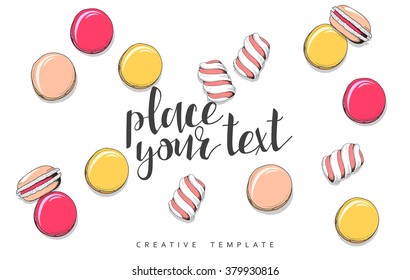 Macaroon and marshmallow in sketch. Conceptual background template for presentations. Realistic outline items. Sweet candy. Sweets on table. Presentation Text. Set of dright color objects in sketch