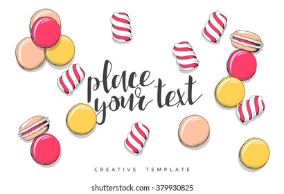 Macaroon and marshmallow in sketch. Conceptual background template for presentations. Realistic outline items. Sweet candy. Sweets on table. Cartoon food. Set of dright color objects in sketch