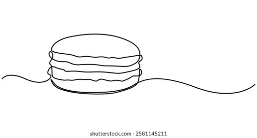 Macaroon one line drawing vector, Continuous one line drawing of colorful French macaroons isolated on white background. Hand drawn macarons minimal design art, confectionery concept. Pro Vector. 