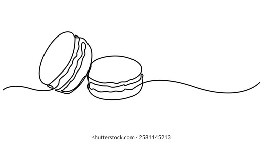 Macaroon one line drawing vector, Continuous one line drawing of colorful French macaroons isolated on white background. Hand drawn macarons minimal design art, confectionery concept. Pro Vector. 