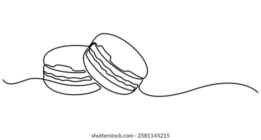 Macaroon one line drawing vector, Continuous one line drawing of colorful French macaroons isolated on white background. Hand drawn macarons minimal design art, confectionery concept. Pro Vector. 