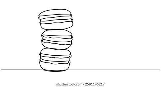 Macaroon one line drawing vector, Continuous one line drawing of colorful French macaroons isolated on white background. Hand drawn macarons minimal design art, confectionery concept. Pro Vector. 