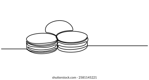 Macaroon one line drawing vector, Continuous one line drawing of colorful French macaroons isolated on white background. Hand drawn macarons minimal design art, confectionery concept. Pro Vector. 