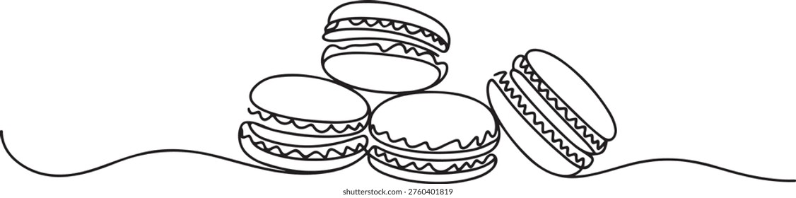 Macaroon one line drawing vector, Continuous one line drawing of French macaroons isolated on white background. One line draw graphic design vector
